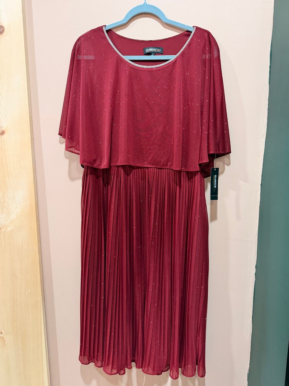 Glamour Nights Wine Glittery Capelet Dress with Pleated Skirt 12